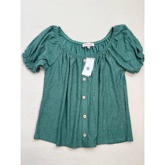 Philosophy Womens Size M Green Swiss Dot Puffed Sleeve Blouse Bohemian - Picture 2 of 6